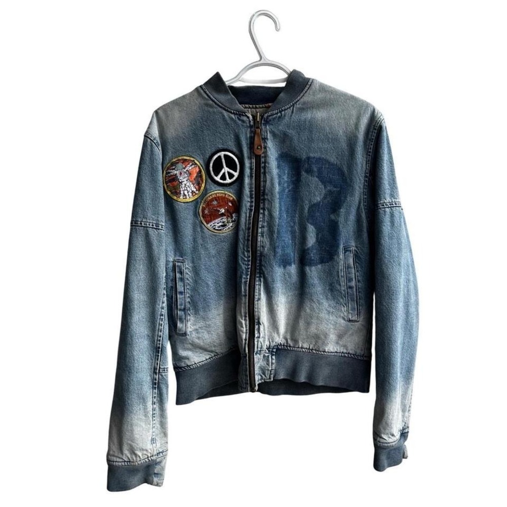 Billionaire Boys Club Men's Denim Bomber Jacket Astronaut Peace Patch DistresseM